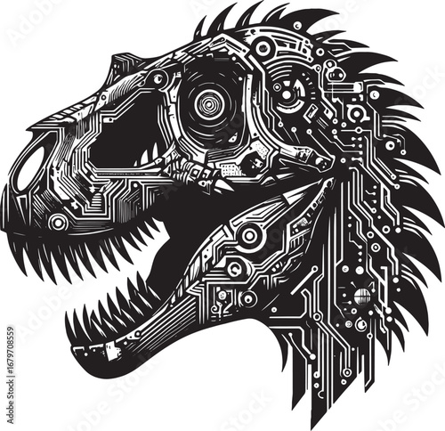 Intricate Black and White Illustration of a Tyrannosaurus Rex Head Representing Technology