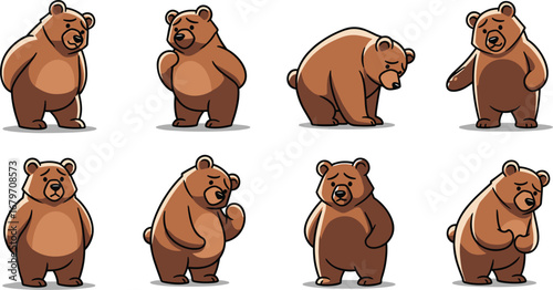 Cartoon bears show different emotions. Illustration of sad bears with varied postures, moods. Animals, sadness, emotion, cartoon.