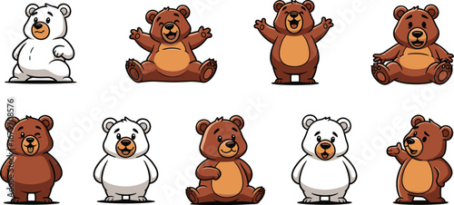 Cartoon bears collection in various poses. Illustration of teddy bears for kids books, cute animals, happy, playful design, woodland creatures, wildlife art
