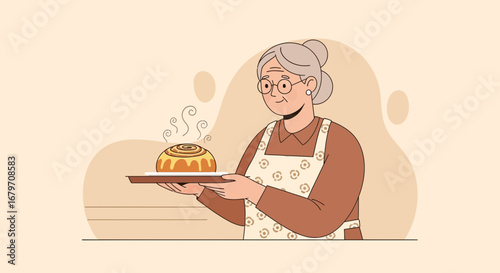 Elderly Woman Holding a Tray with a Freshly Baked Cinnamon Bun in a Kitchen Setting
