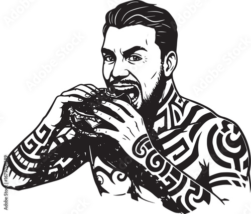 Enthusiastic tattooed man devouring a large burger with relish,