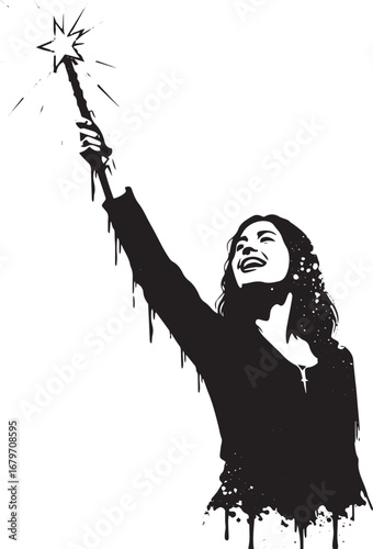 Enchanting monochrome portrait of a woman with a star-topped wan