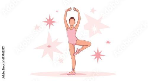 Elegant ballerina in a pink leotard performing a graceful ballet move with stars