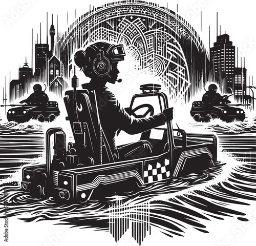 Illustration depicting a person driving a futuristic amphibious vehicle in a flooded city