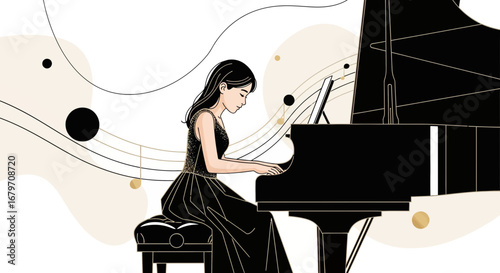Elegant illustration of a woman playing piano with musical notes vector art