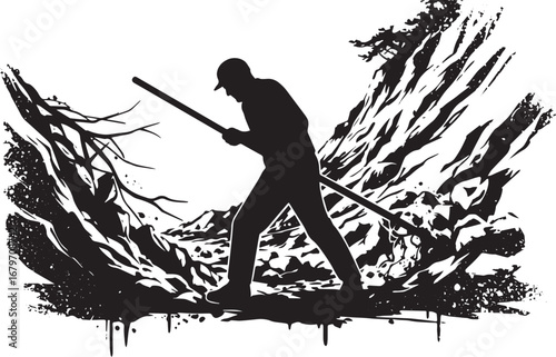 Silhouette of a man clearing debris with a pole in a desolate la