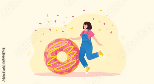 Delighted Woman Celebrating Near A Gigantic Donut With Festive Confetti Decoration