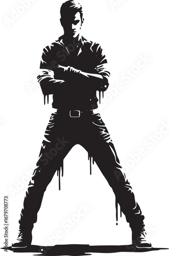 Monochrome artwork of a confident man standing boldly with arms