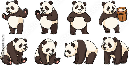 Cute pandas in various poses. Cartoon pandas illustrations, animal characters, bear, wildlife, fun, happy