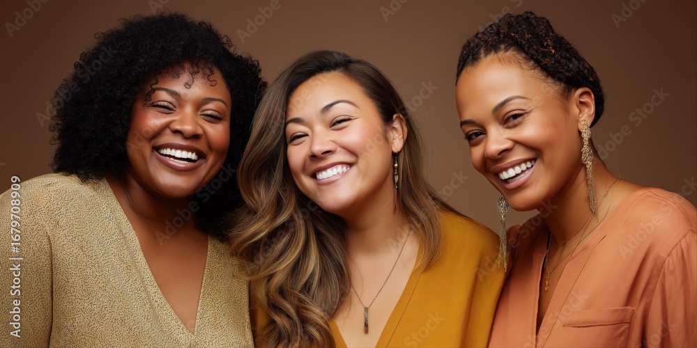 Fototapeta premium Joyful diverse adult women smiling together in warm tones