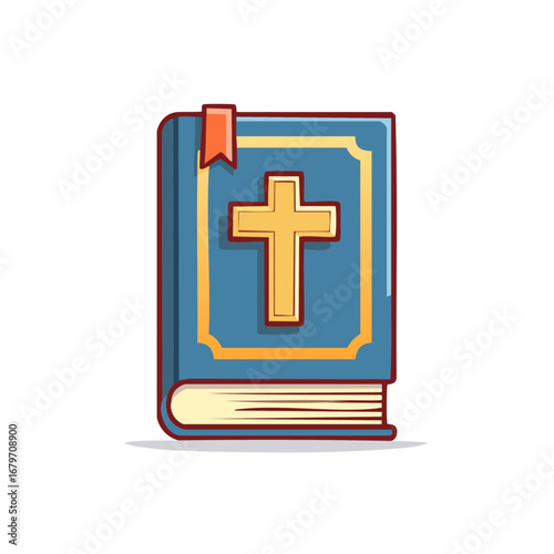 Illustrated Bible with golden cross icon and orange bookmark, religious symbol, vector illustration