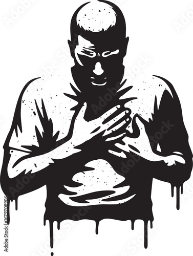 Distressed figure clutching chest, artistic expression of emotio