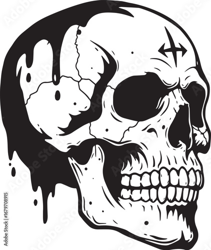 Monochrome Skull with Symbolic Forehead Markings and Dripping De