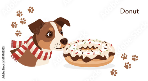 Delightful Canine Awaits Sweet Treat Amidst Playful Paw Prints and Yummy Dessert