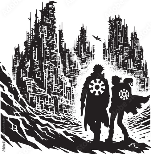 Silhouette of a futuristic cityscape with two figures and a flying vehicle, dystopian scene