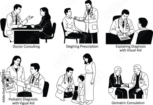 Doctor consultation scenes, medical checkup, patient diagnosis, pediatric care, elderly consultation, clinical discussion, healthcare professional illustration, hospital communication visual