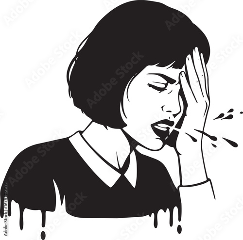 Distressed woman feeling unwell illustration in monochrome minim