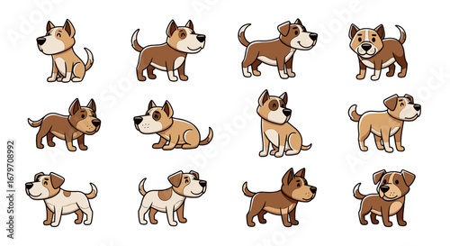 Cartoon dogs sit, stand, and wag tails. Illustration, puppy, pet, cute, animal, funny, happy, playful, vector, character, drawing, comic, cartoon, design, isolated, cheerful