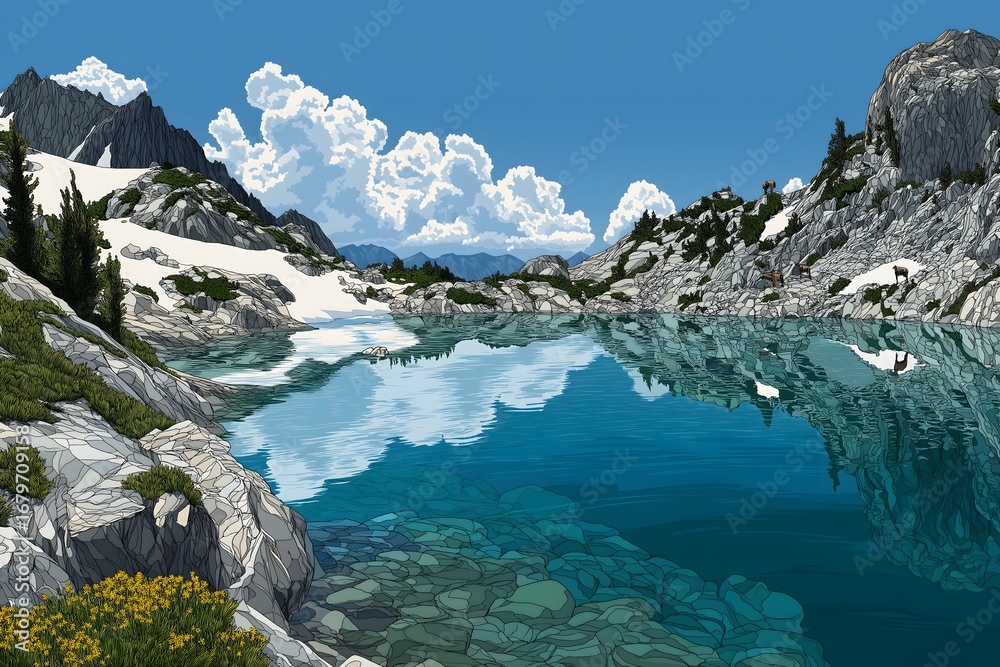 Obraz premium Flat vector illustration of a mountain lake with crystal water, rocky shore and grazing goats under a bright sky for outdoor adventure and wildlife promotion