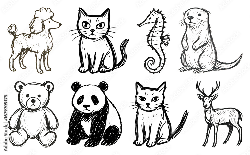 Obraz premium PNG Hand-drawn animal sketch collection, element set on transparent background