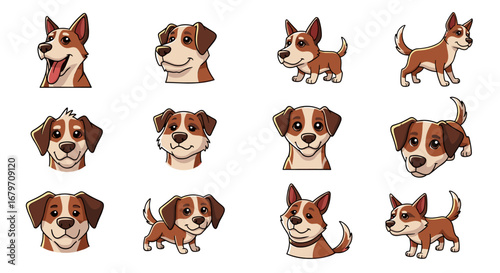 Cute cartoon dogs pose with different expressions. Adorable puppies, pets, animated animals, fun, happy, illustration, mascot