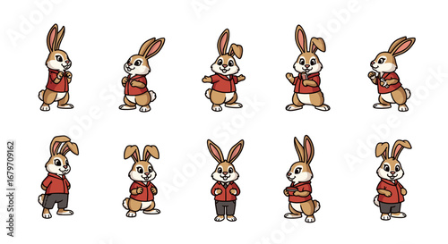 Cartoon bunnies in red shirts stand and pose. Cute animals, fun, characters, easter, spring, happy