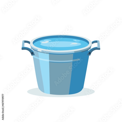 Full Blue Bucket with Shiny Water Isolated on White Background Ready for Spring Cleaning