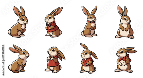 Cute rabbits in various poses with clothes. Cartoon, animals, easter, holiday, adorable, funny, fun, playful, cheerful.