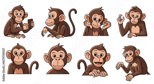 Cartoon monkeys express various emotions and actions. Cute animal, playful, comical, character design, primates, funny, cheerful, expression, monkey business, communication