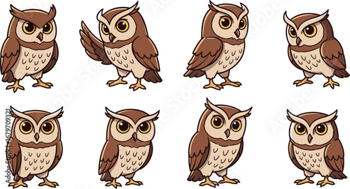Cartoon owls standing. Wildlife animal, cute, nocturnal bird, feather, mascot, woodland, illustration.