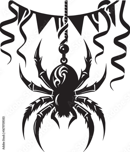 Black and white illustration of a spider hanging with decorations for halloween party