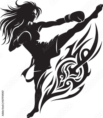 Dynamic Silhouette of a Female Kickboxer Performing a Powerful High Kick with Artistic Flair