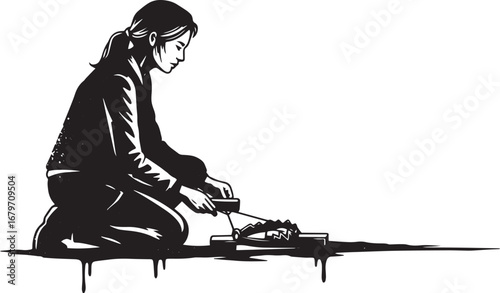 Monochromatic artwork displaying a woman setting a potentially d
