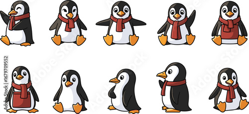 Penguin cartoon characters, different poses and expressions. Cute animals, wildlife, antarctica, cold, scarf, illustration.