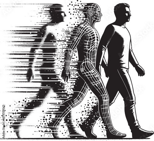 Conceptual depiction of human evolution, technology integration, and futuristic transformation