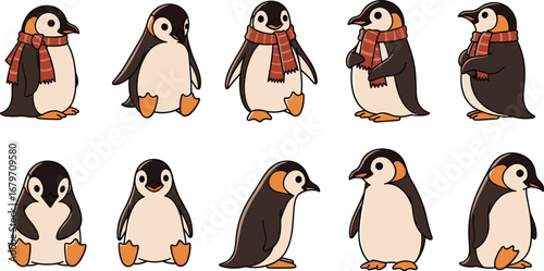 Penguins pose with varied expressions. Cute, cartoon animals, antarctic wildlife, winter, cold weather, scarf, baby penguin, animal, character, illustration, pattern