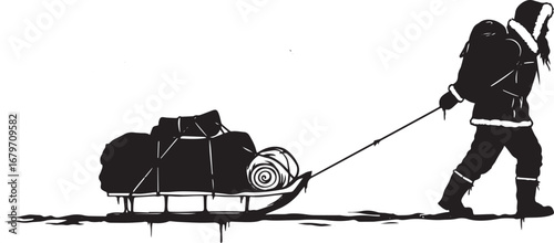 Monochrome illustration of a traveler pulling a sled across an i