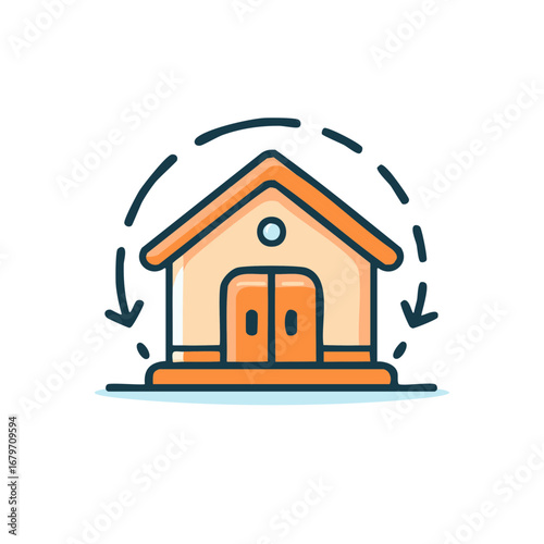 Stylized House with Circular Arrows Symbolizing Movement or Exchange