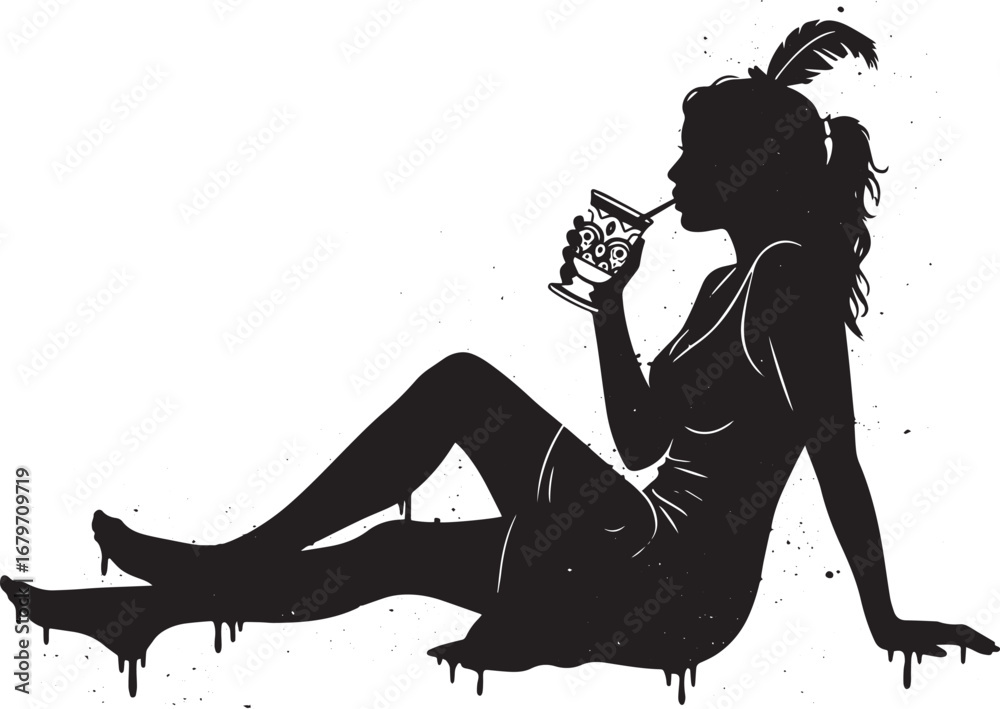 Silhouette of a woman enjoying a refreshing drink in stylish mon