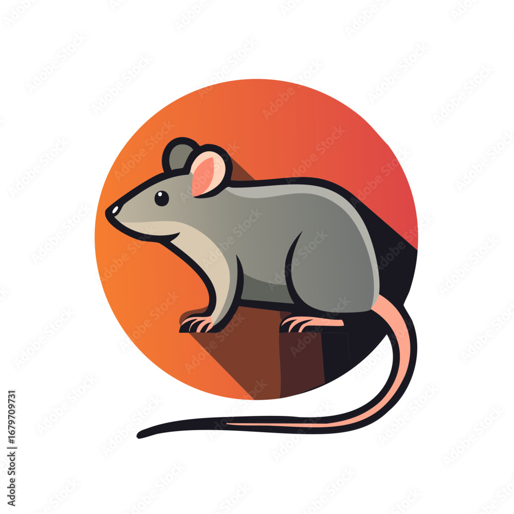 Obraz premium Cartoon Mouse Illustration Sitting on Post - Gray Rodent with Long Tail Design