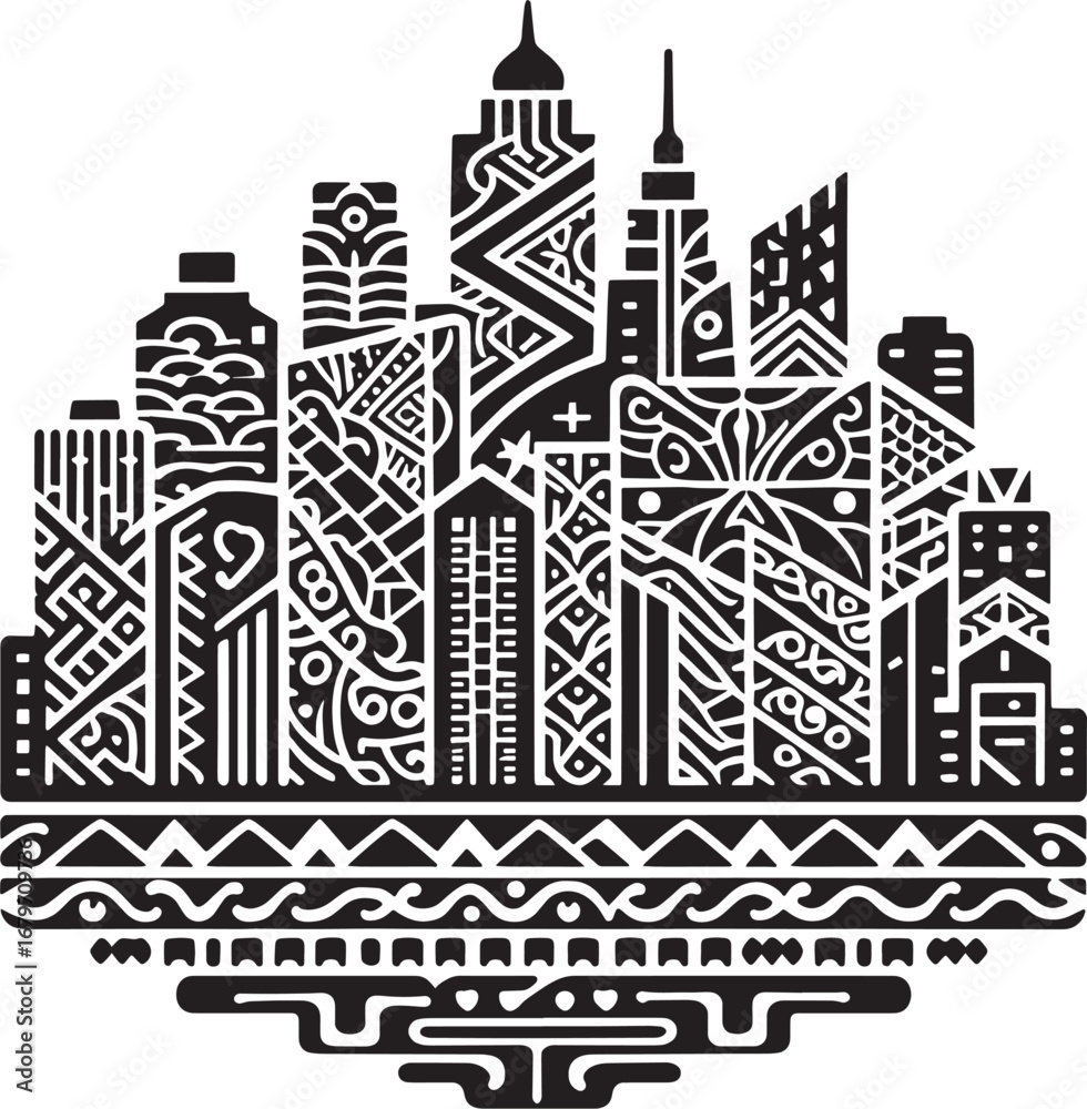 Obraz premium Stylized Black and White Cityscape Illustration Featuring Geometric Patterns and Designs