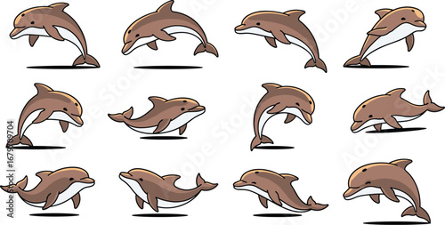 Cartoon dolphins swim and jump. Marine life, aquatic mammals, underwater, animal, wildlife, nature.