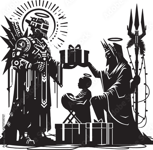 A futuristic nativity scene depicting the three wise men with technological and holy figures