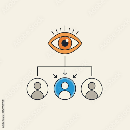 Eye overseeing a group of people with one person highlighted.