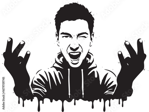 Expressive monochrome portrait of a winking man with dynamic han