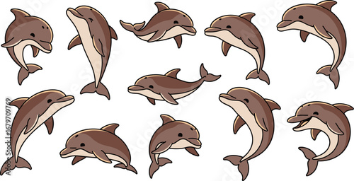Cartoon dolphins swim happily. Marine life, mammals, playful, ocean, sea, aquatic, wildlife.