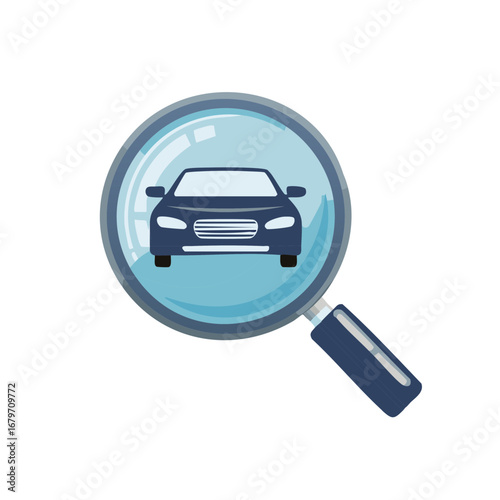 Magnifying glass over a car icon for vehicle search auto inspection and car buying concept