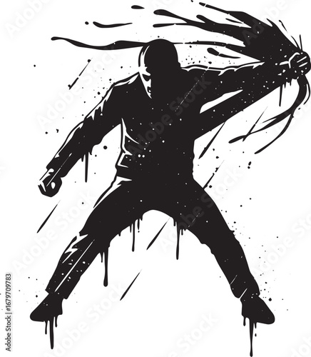 Dynamic monochrome artwork depicting a determined figure in a st