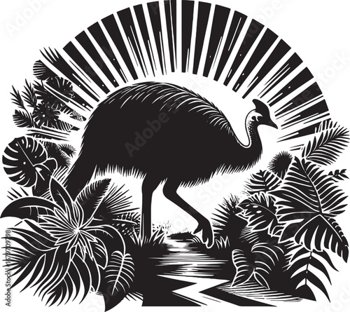 Black and White Illustration of an Emu in a Tropical Environment with Lush Foliage
