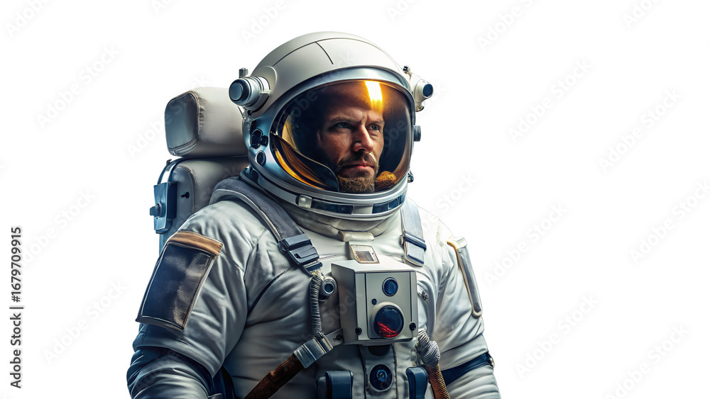 Naklejka premium A determined astronaut in a spacesuit, isolated on transparent background, embodying the spirit of space exploration and the pursuit of scientific discovery